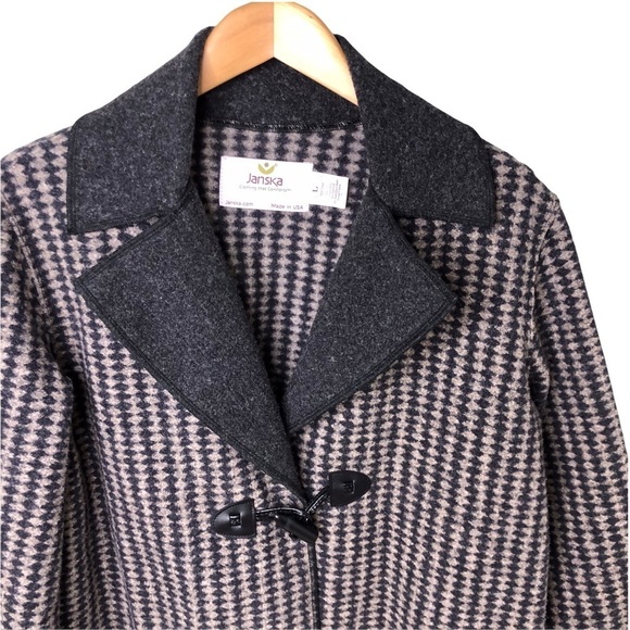 Janska Houndstooth Toggle Jacket Gray Fleece Shacket Pockets Size Large - Picture 2 of 7